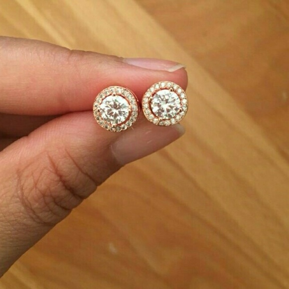 18k Rose Gold Diamond Cz Halo Stud Earrings - Picture 2 of 7